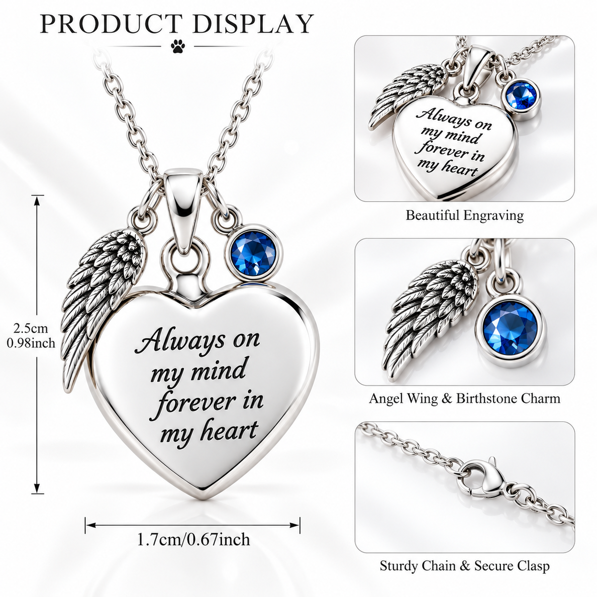 Angel Wing Heart Memorial Necklace with Blue Birthstone