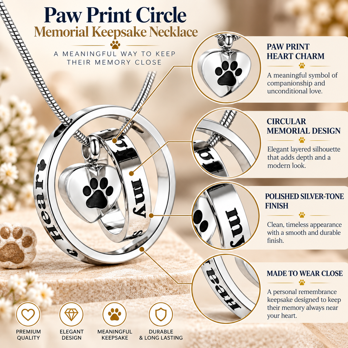 Paw Print Heart Pet Memorial Necklace | Silver Keepsake Pendant