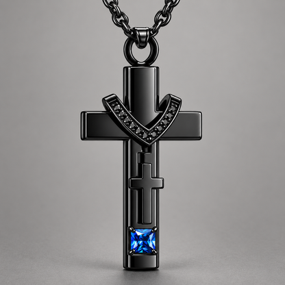 Black Cross Memorial Necklace with Blue Crystal | Faith Keepsake Pendant