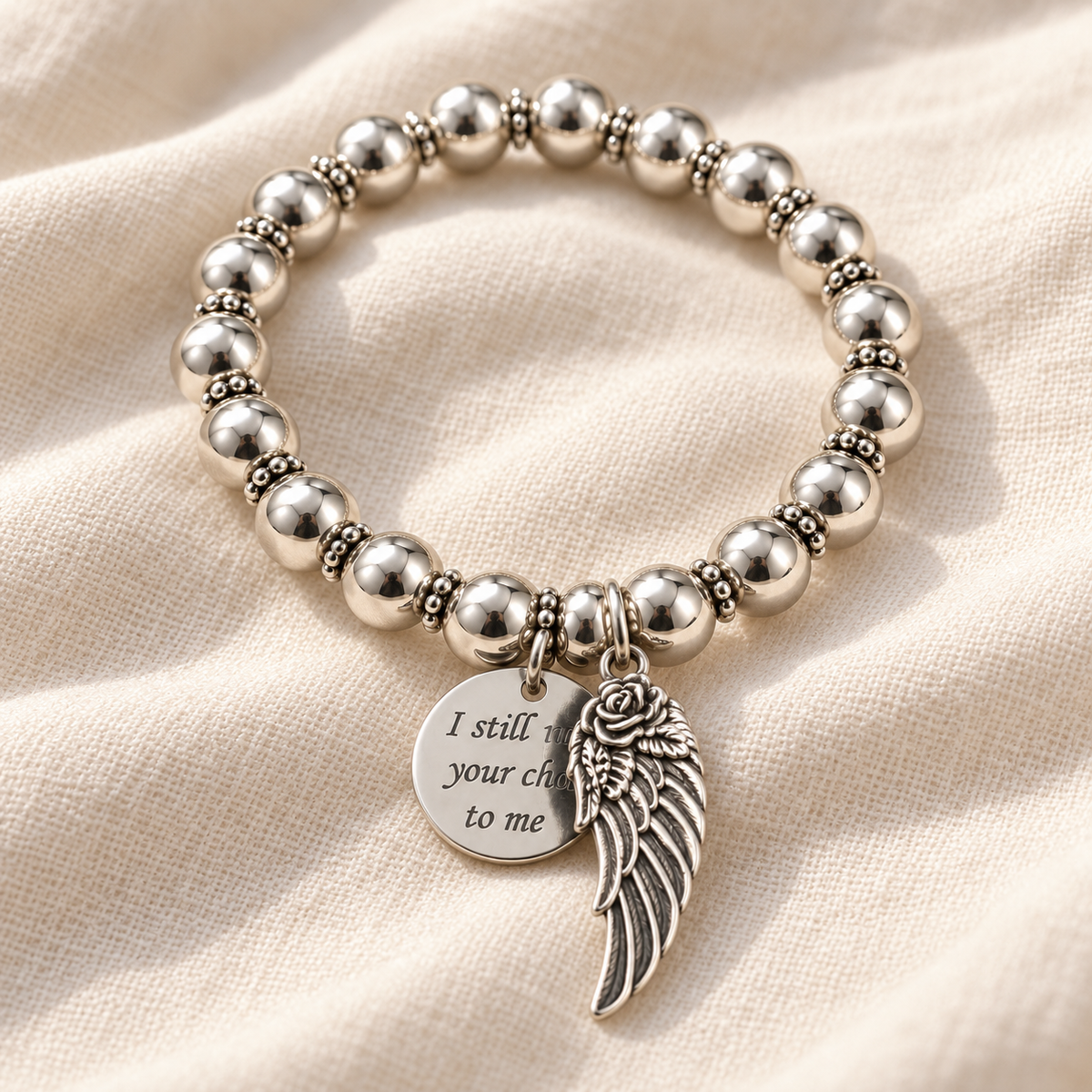 Silver Bead Memorial Bracelet with Angel Wing Charm