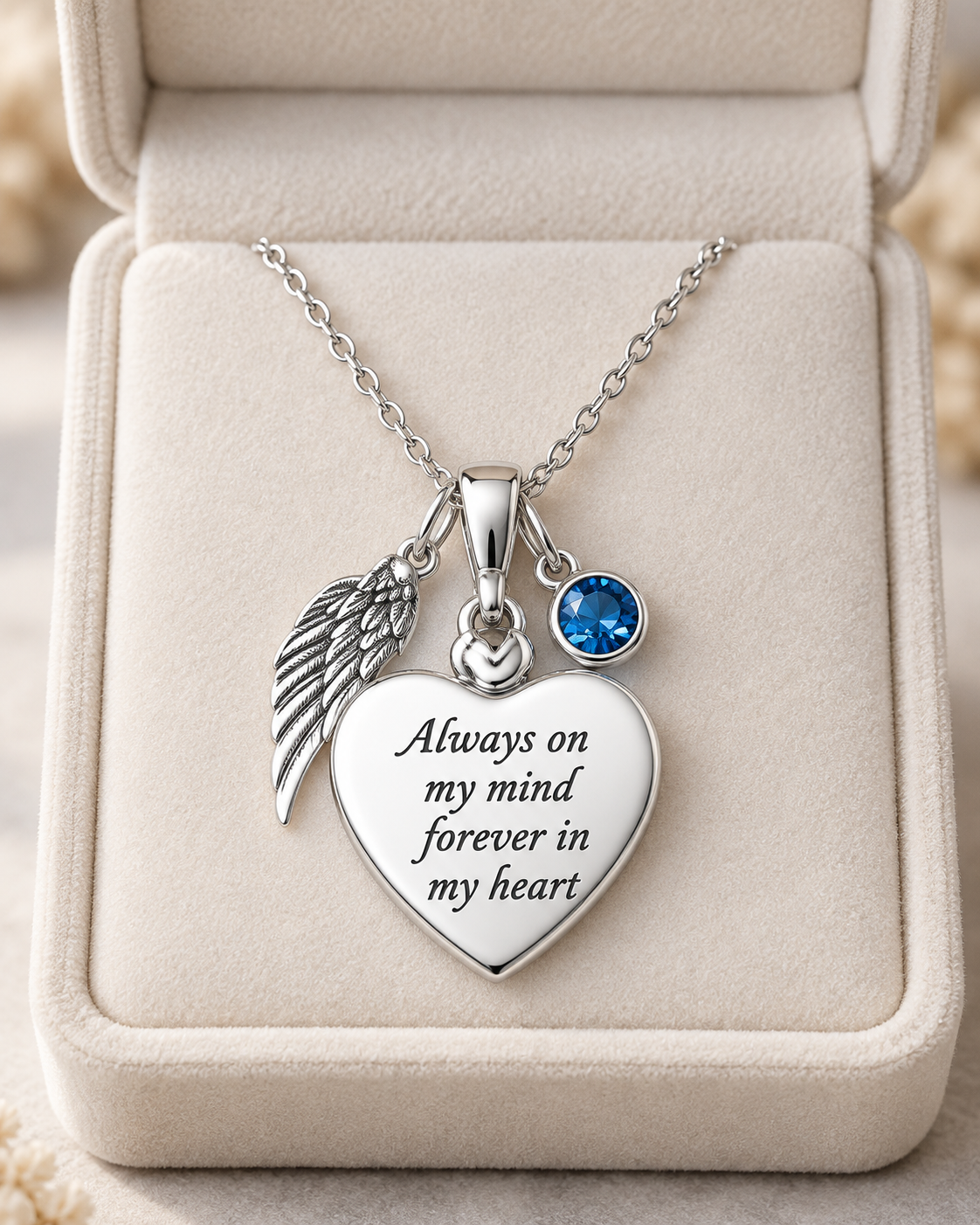 Angel Wing Heart Memorial Necklace with Blue Birthstone