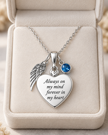 Angel Wing Heart Memorial Necklace with Blue Birthstone