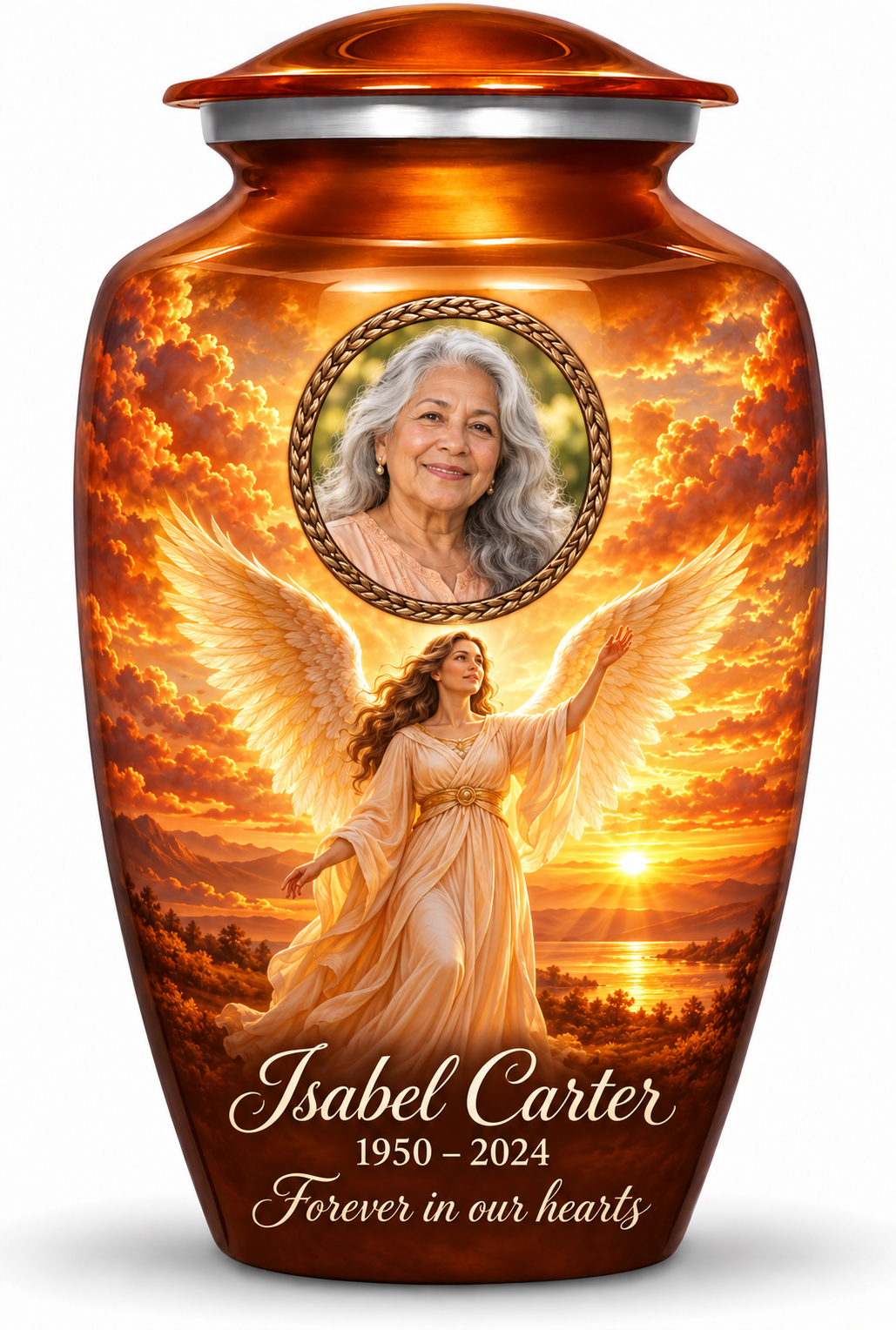 Orange adult urn with a standing angel over sunset water and a bronze colored oval sample portrait frame, name, dates and tribute.