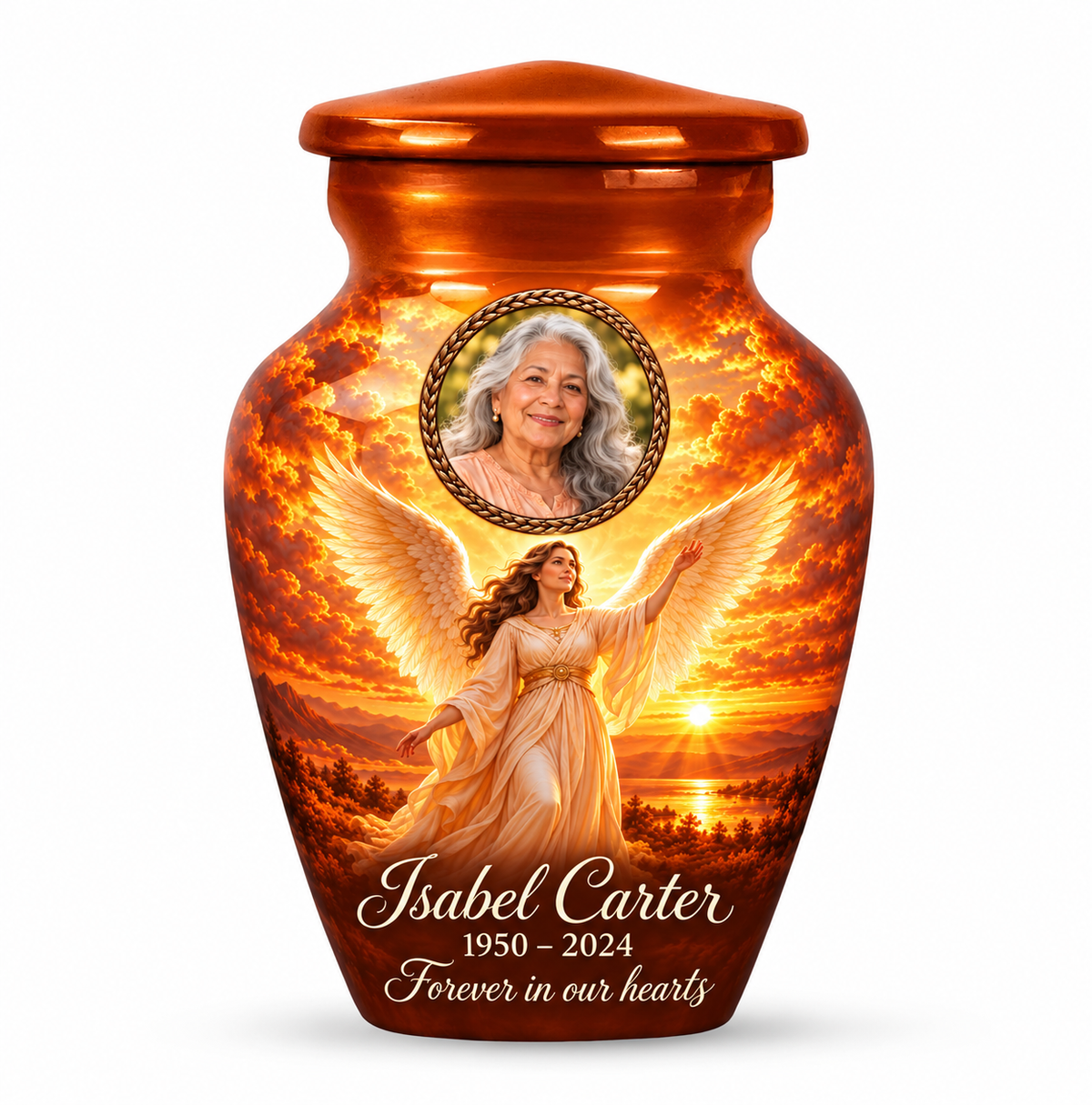 One orange angel keepsake urn with a standing angel over sunset water and a bronze colored oval sample portrait frame and sample name and dates.