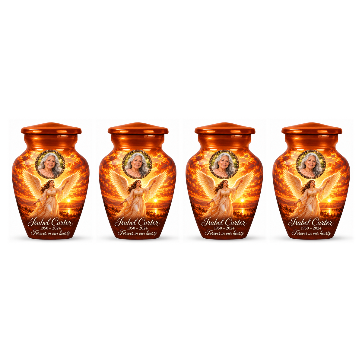 Four matching orange angel keepsake urns with sample photo personalization on a white background.