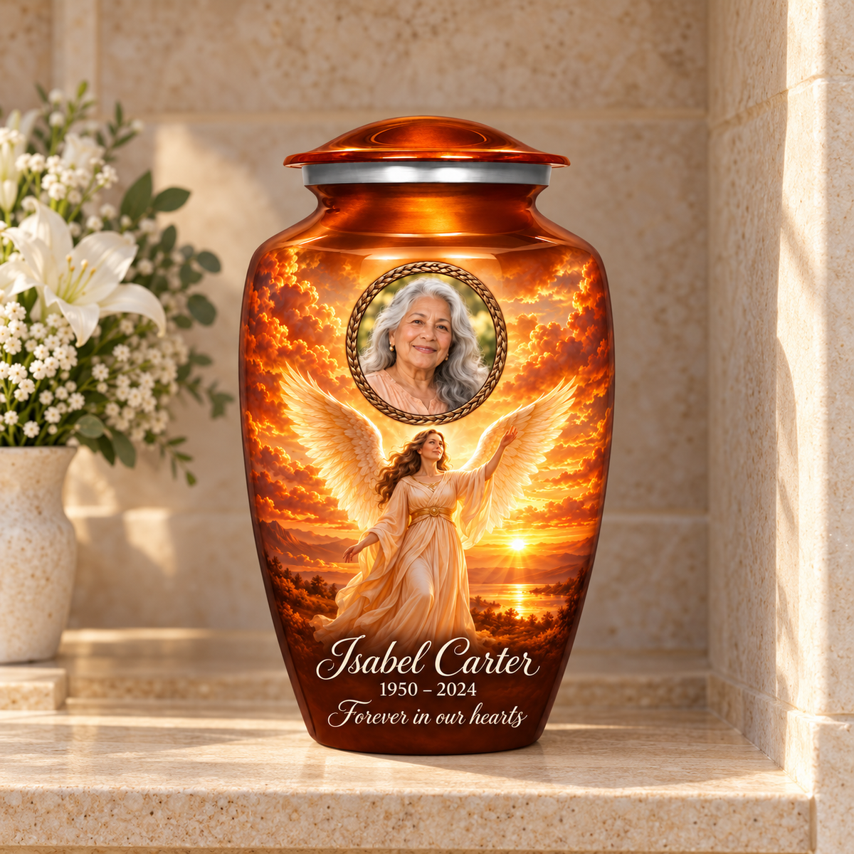 Orange adult urn with a standing angel over sunset water and a bronze colored oval sample portrait frame, displayed in a columbarium niche.