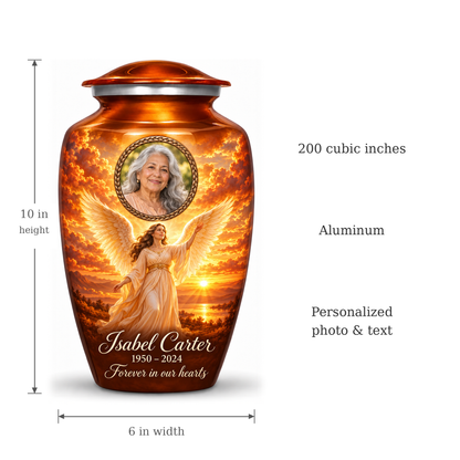Orange angel urn size guide showing adult height 10 inches, width 6 inches and capacity 200 cubic inches.