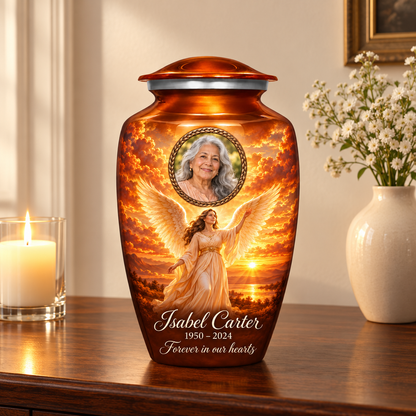 Orange adult urn with a standing angel over sunset water and a bronze colored oval sample portrait frame, arranged on a memorial console.