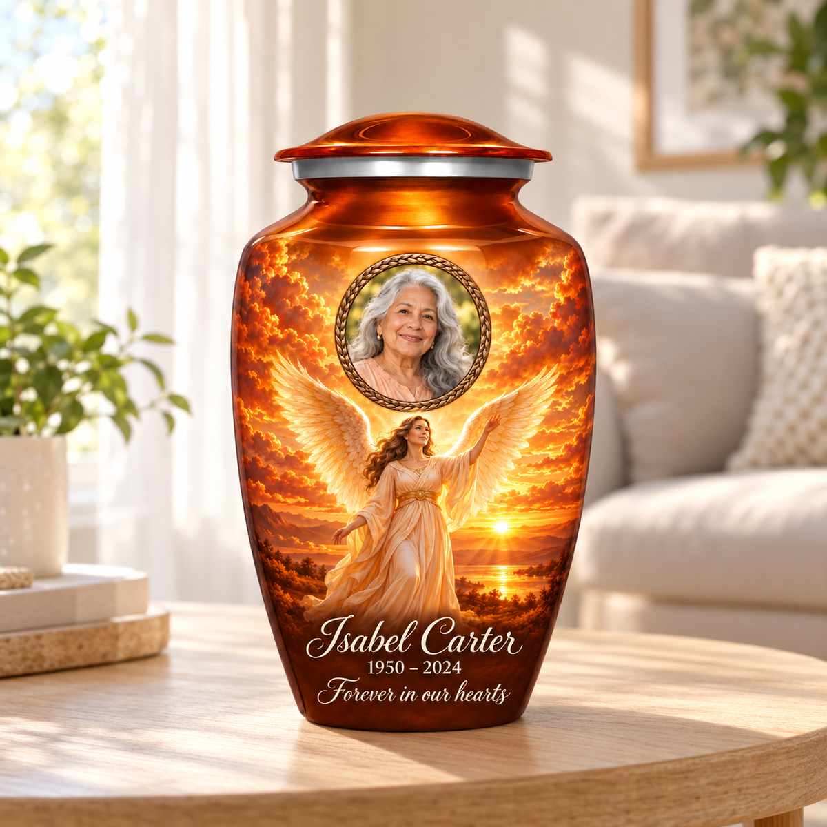 Orange adult urn with a standing angel over sunset water and a bronze colored oval sample portrait frame, displayed in a sunlit home.