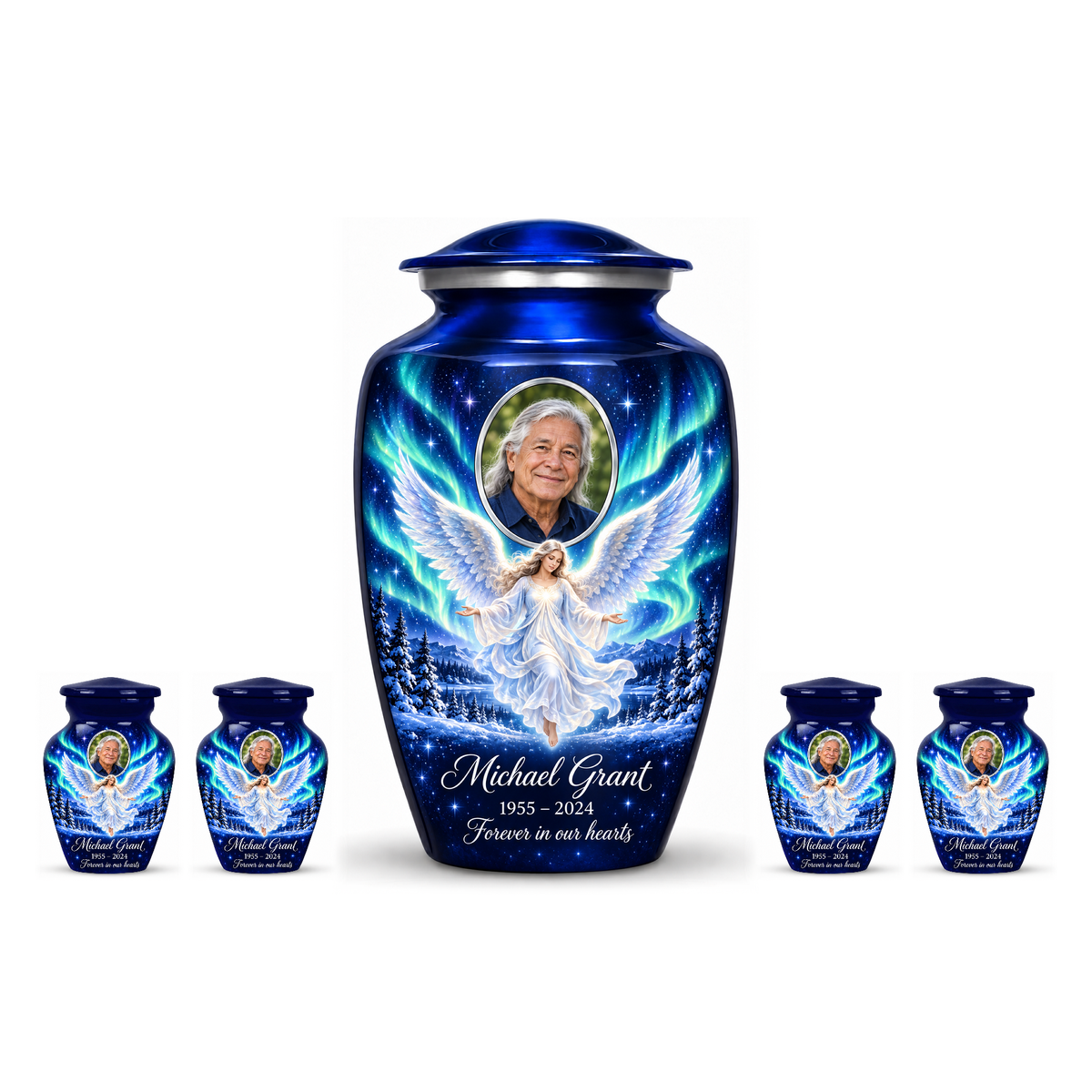 One blue adult angel urn and four matching keepsake urns with sample portraits and inscriptions on white.