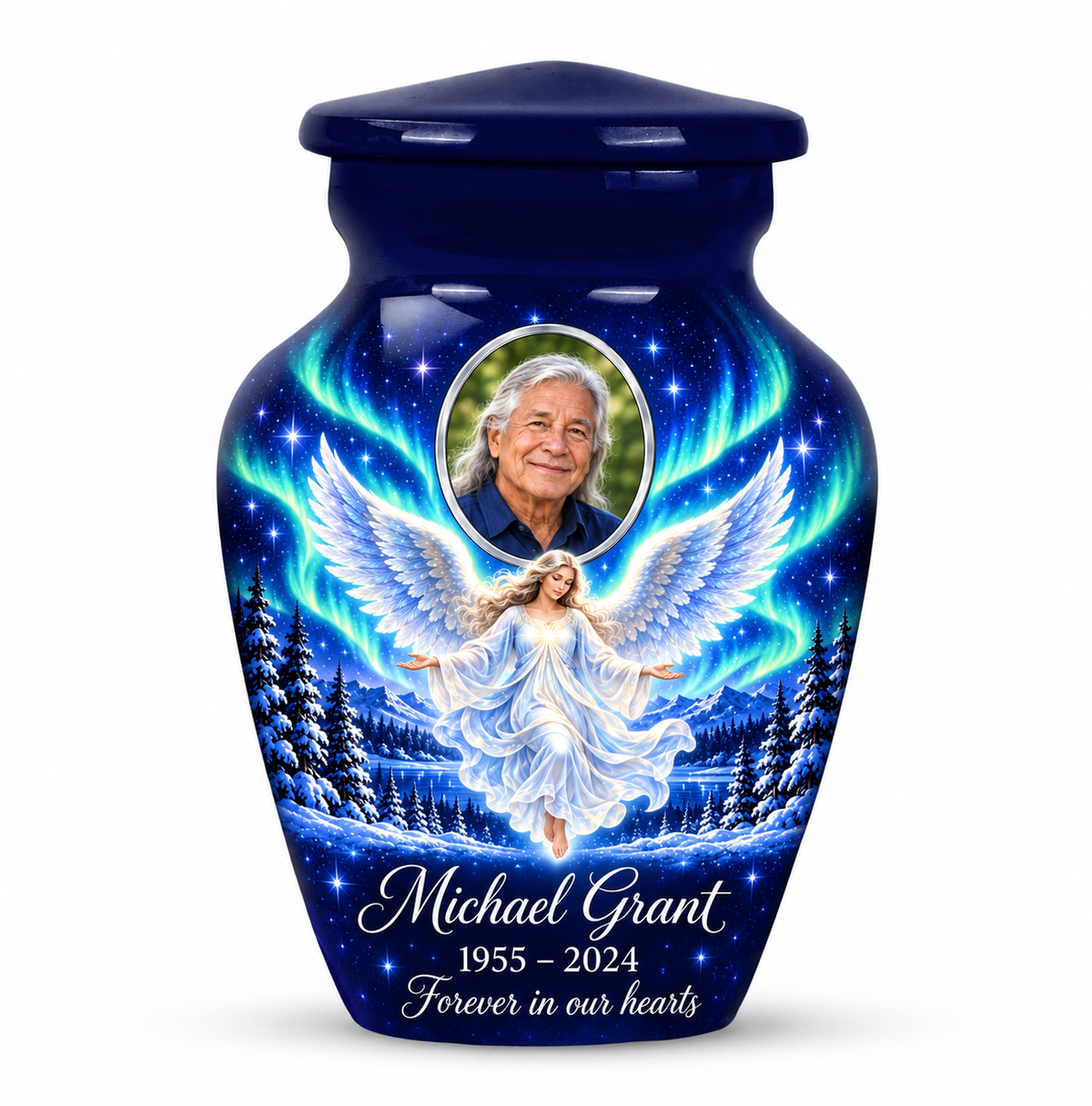 One blue angel keepsake urn with a floating angel, aurora sky, snowy trees and an oval sample portrait frame and sample personalization.