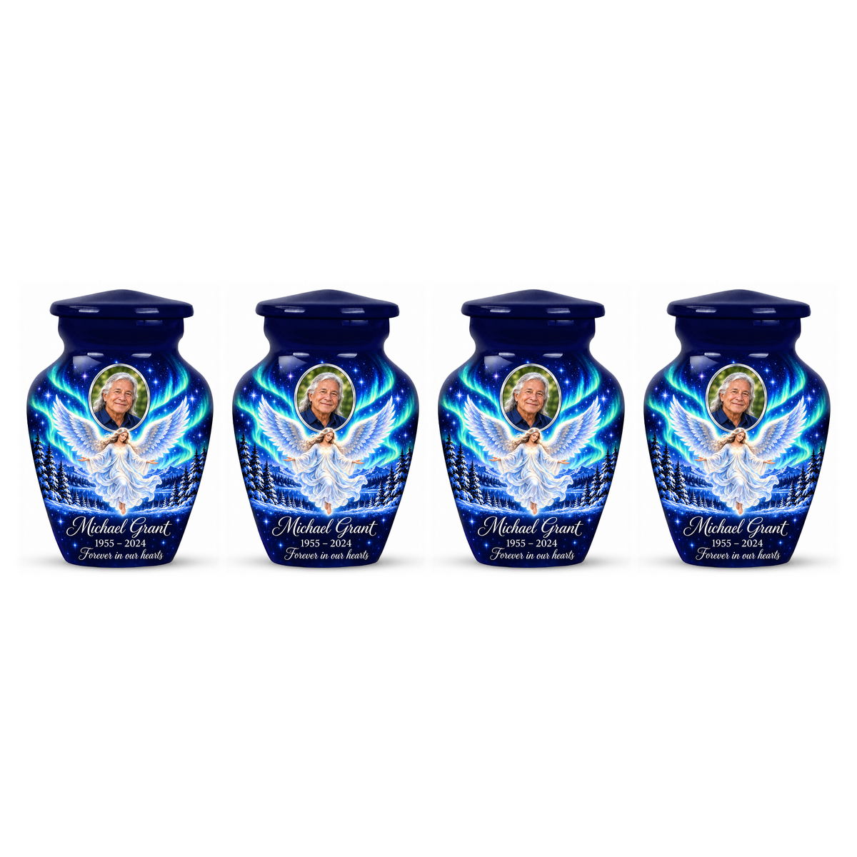 Four matching blue angel keepsake urns with sample portraits and inscriptions on white.