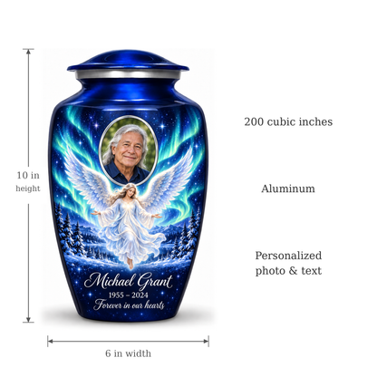 Blue angel urn size guide: adult height 10 inches, width 6 inches and capacity 200 cubic inches.