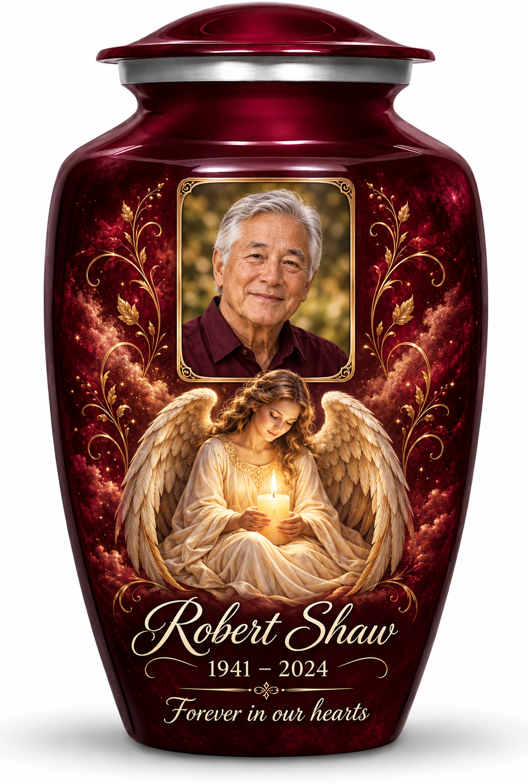 Red adult urn with a seated angel holding a candle and a rectangular sample portrait frame, name, dates and tribute.