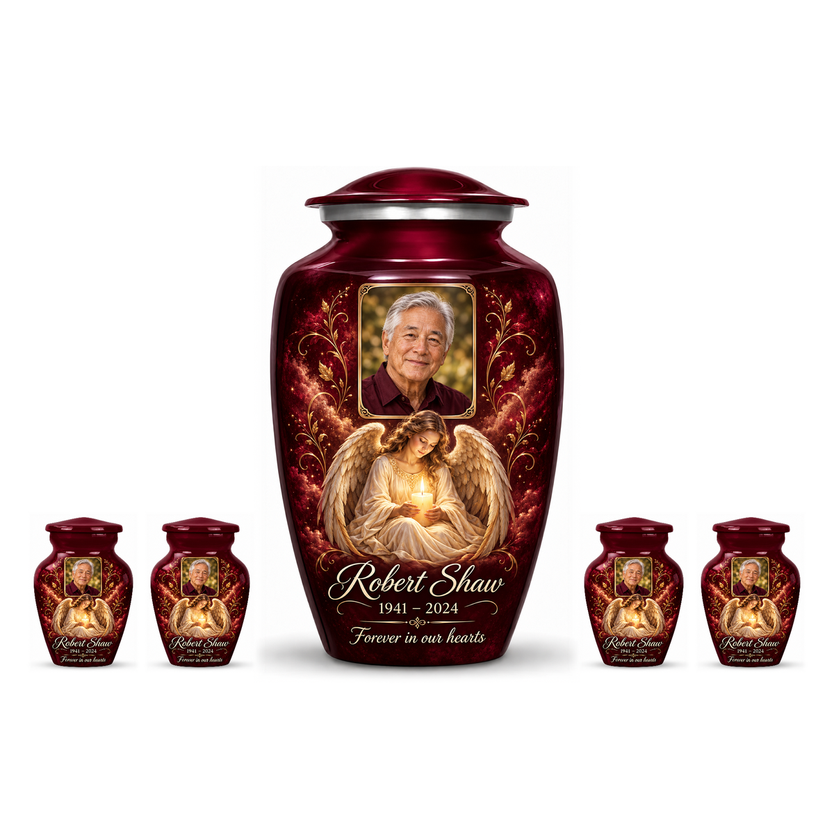 One red adult angel urn with four matching keepsake urns and sample photo personalization on white.