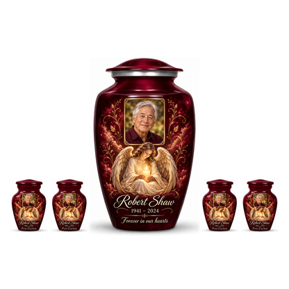 One red adult angel urn with four matching keepsake urns and sample photo personalization on white.