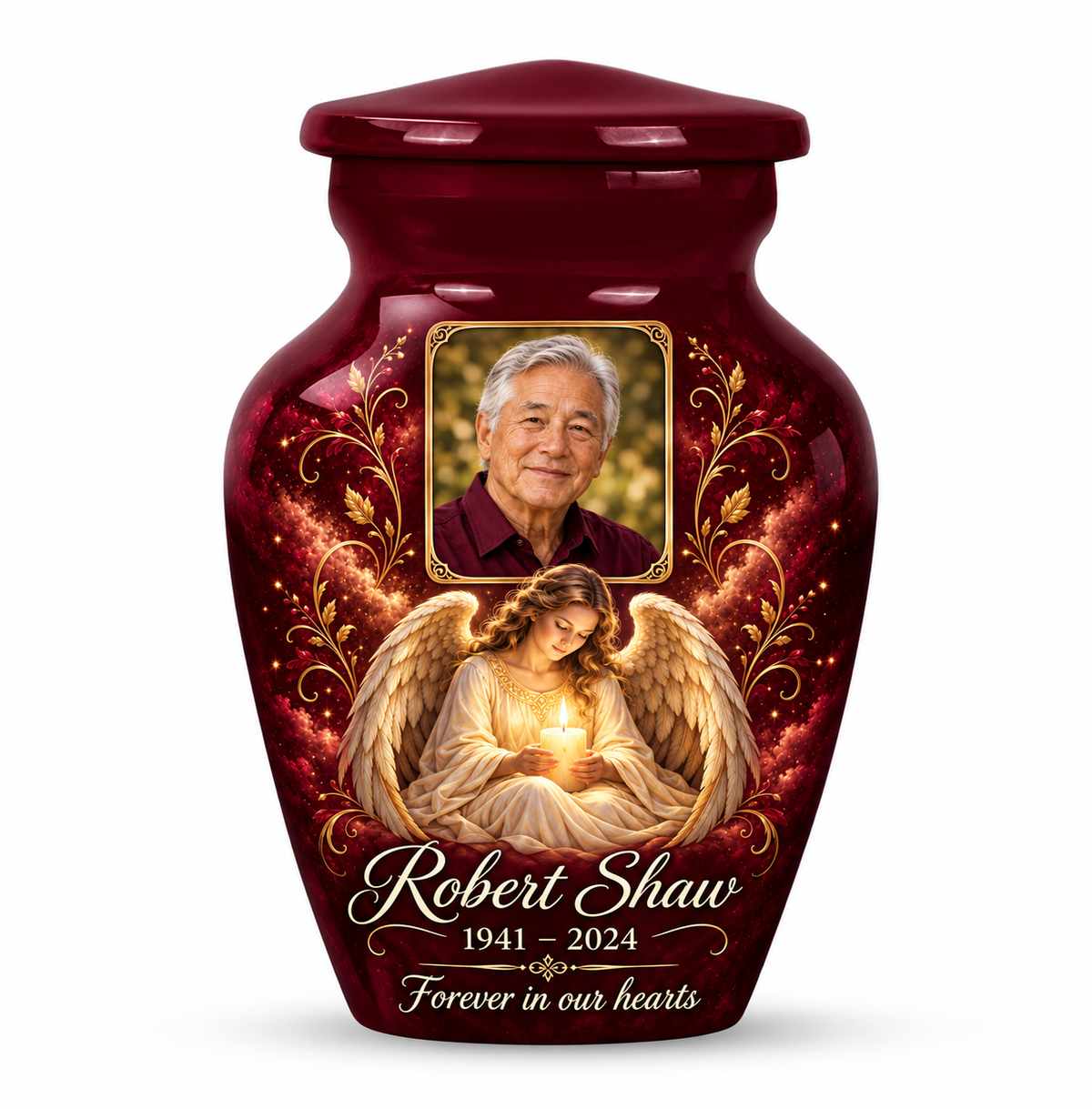 One red angel keepsake urn with a seated angel holding a candle and a rectangular sample portrait frame and sample name and dates.