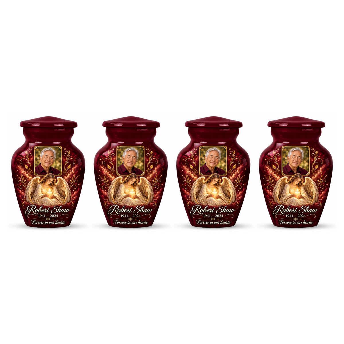 Four matching red angel keepsake urns with sample photo personalization on a white background.