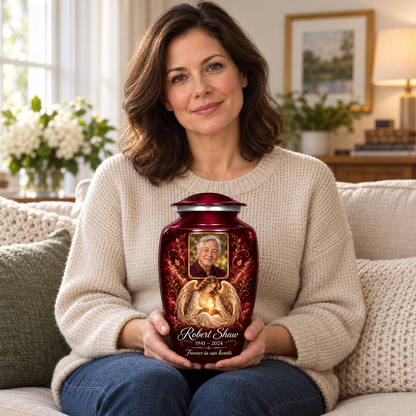 A seated person holding the red angel urn with a seated angel holding a candle and a rectangular sample portrait frame on their lap.