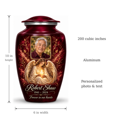 Red angel urn size guide showing adult height 10 inches, width 6 inches and capacity 200 cubic inches.