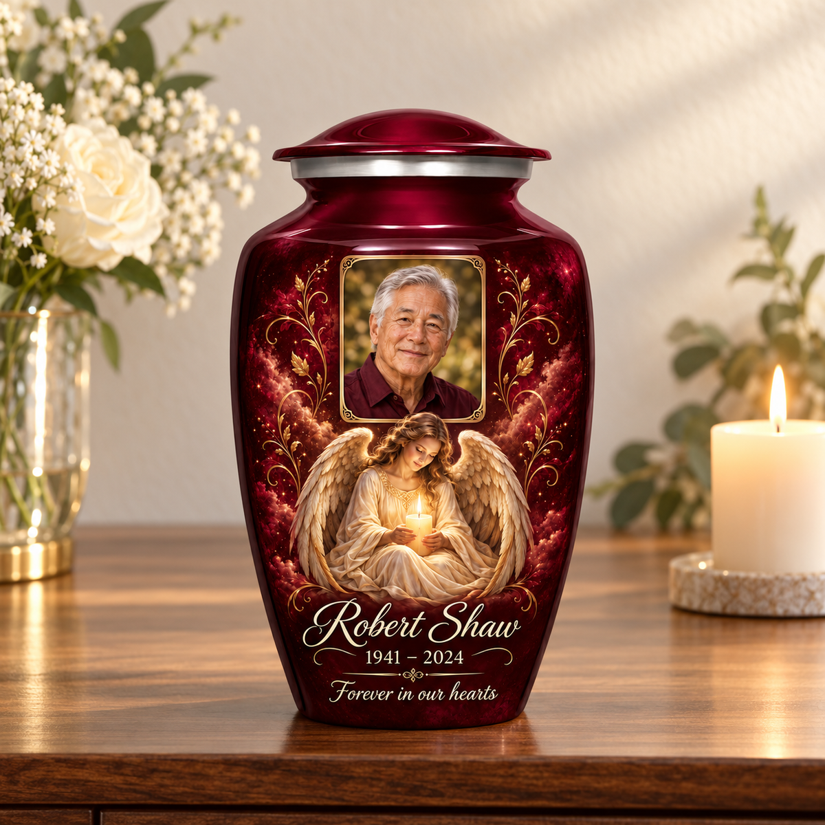 Red adult urn with a seated angel holding a candle and a rectangular sample portrait frame, arranged on a memorial console.