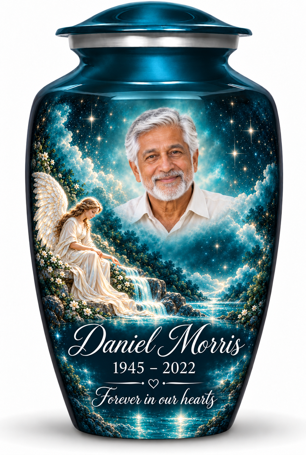 Blue adult angel urn with an angel beside a waterfall and starry sky, a fictional sample portrait, name and tribute.
