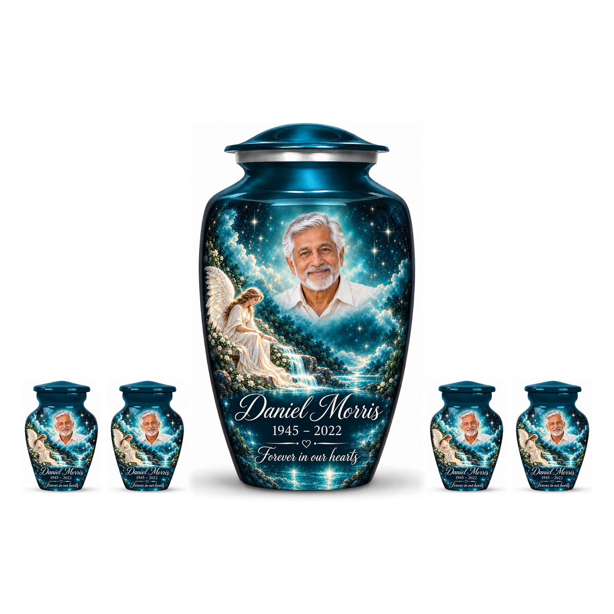 One blue adult angel urn and four keepsakes with an angel beside a waterfall and starry sky on white.