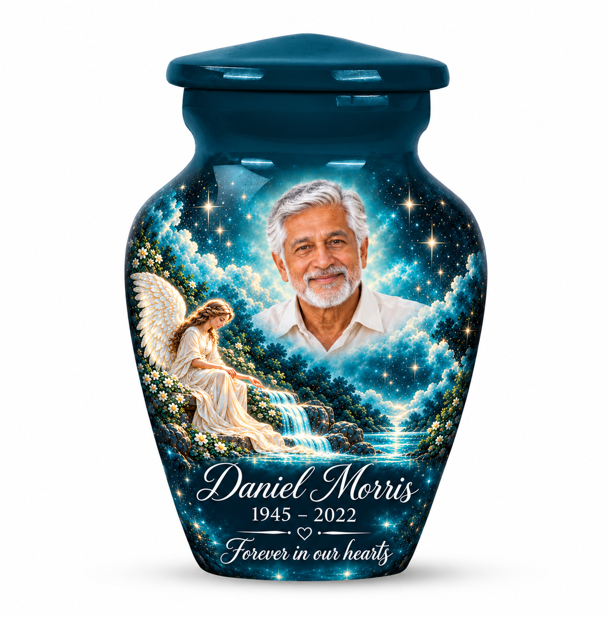 One blue angel keepsake urn with an angel beside a waterfall and starry sky and sample photo personalization.