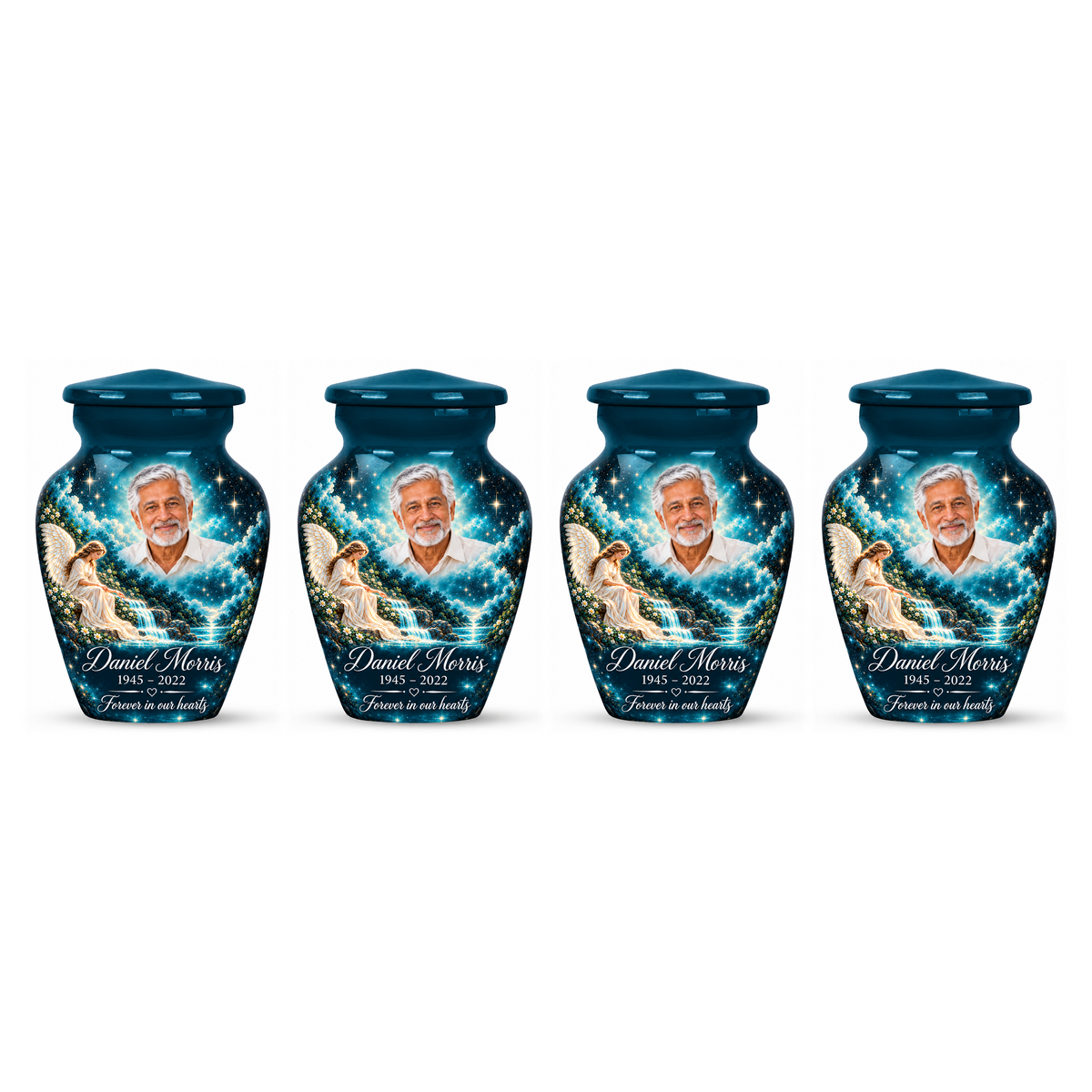 Four matching blue angel keepsake urns with an angel beside a waterfall and starry sky on white.