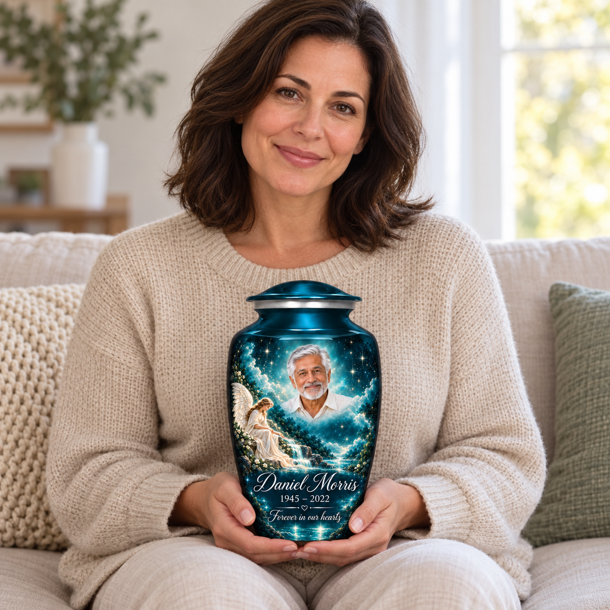 A seated person holding the blue angel urn with an angel beside a waterfall and starry sky on their lap.