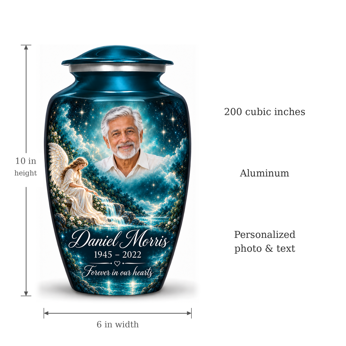 Blue angel urn size guide: adult height 10 inches, width 6 inches and capacity 200 cubic inches.