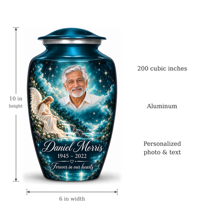 Blue angel urn size guide: adult height 10 inches, width 6 inches and capacity 200 cubic inches.
