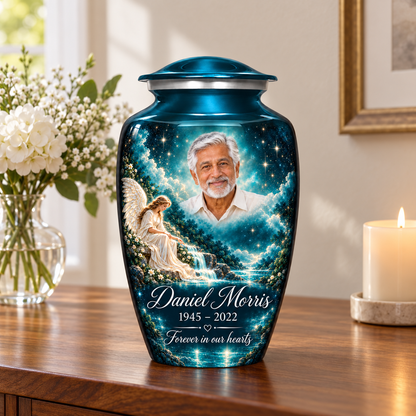 Blue adult angel urn with an angel beside a waterfall and starry sky on a memorial console.