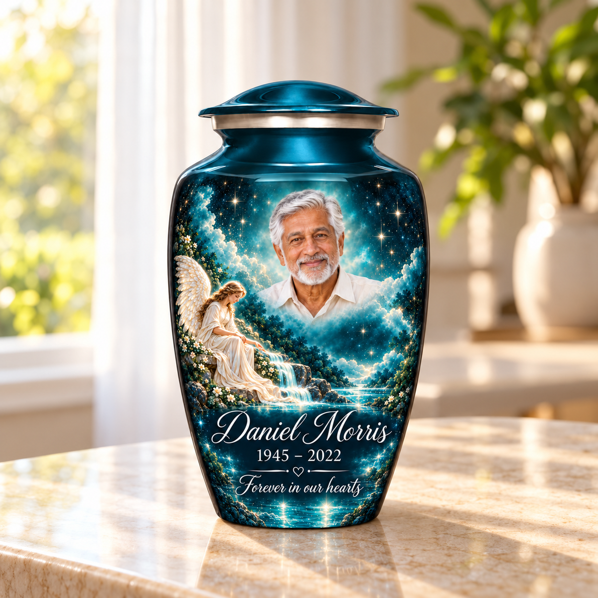 Blue adult angel urn with an angel beside a waterfall and starry sky in a sunlit home.