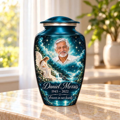 Blue adult angel urn with an angel beside a waterfall and starry sky in a sunlit home.