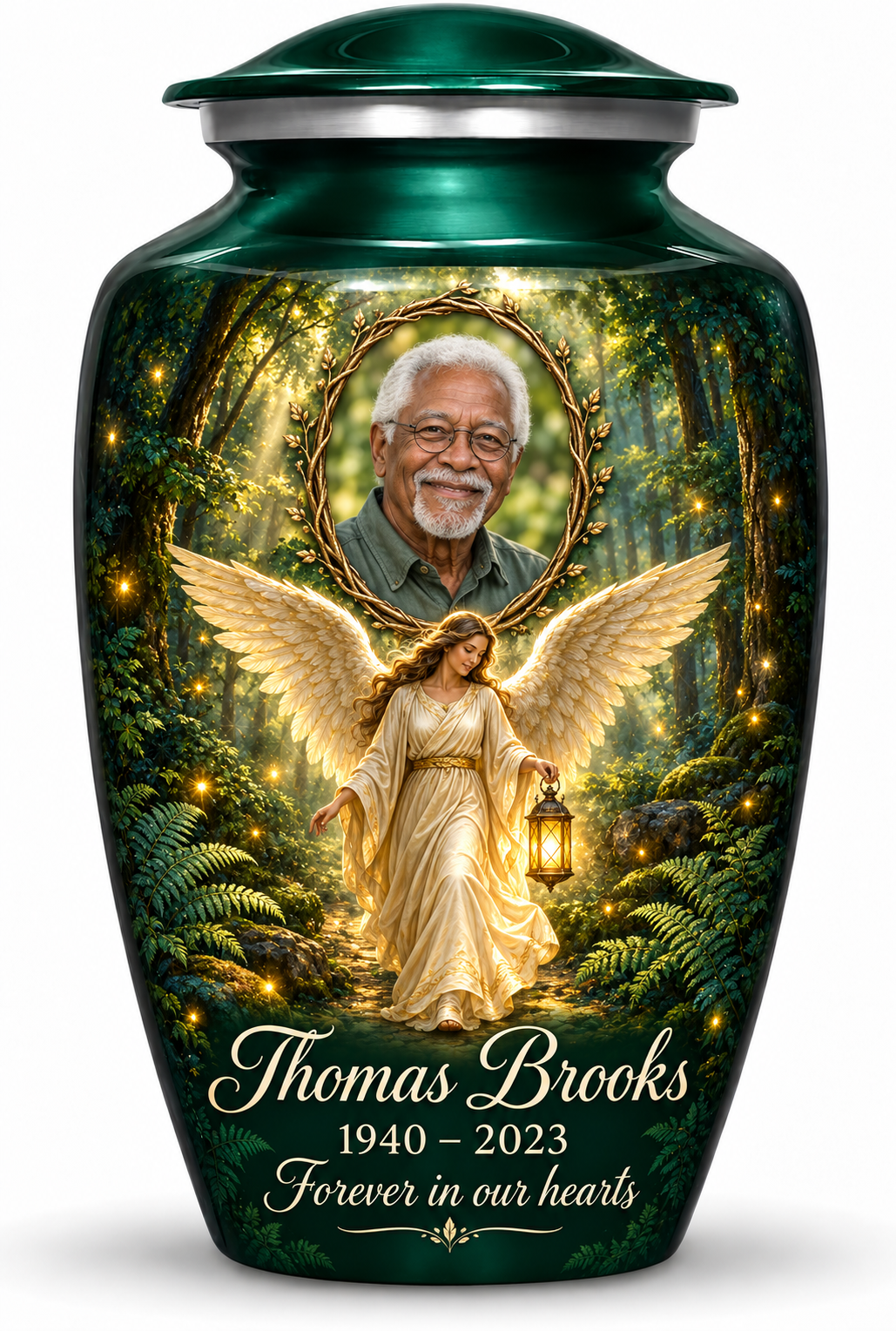 Green adult urn with a woodland angel holding a lantern and a twig framed sample portrait, name, dates and tribute.
