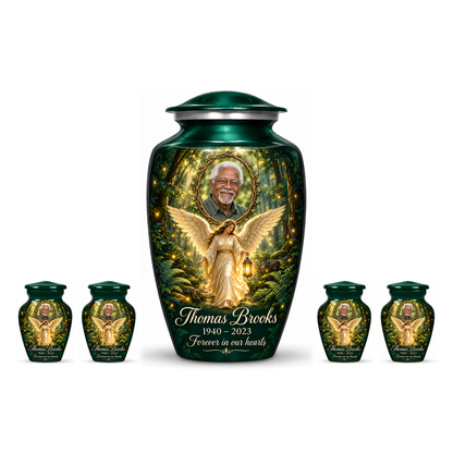 One green adult angel urn with four matching keepsake urns and sample photo personalization on white.