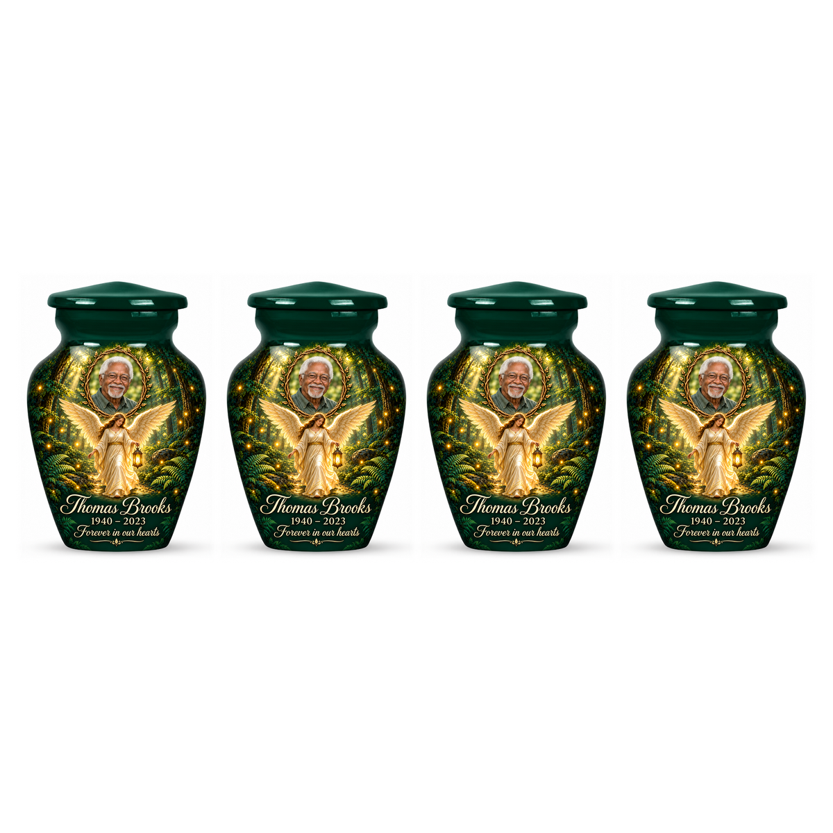 Four matching green angel keepsake urns with sample photo personalization on a white background.