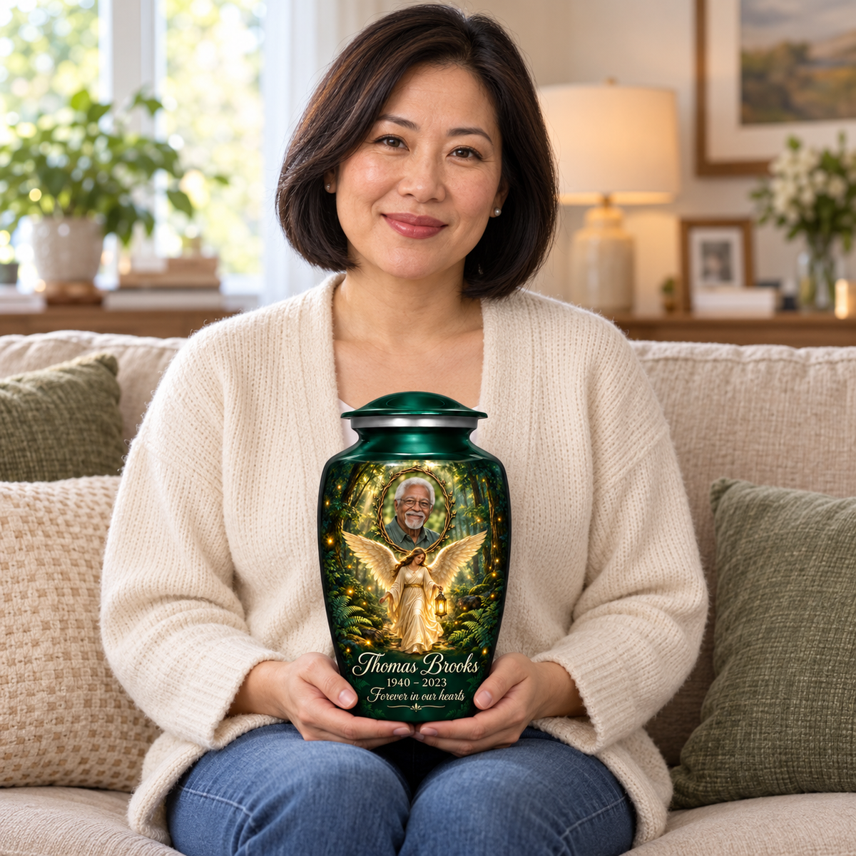 A seated person holding the green angel urn with a woodland angel holding a lantern and a twig framed sample portrait on their lap.
