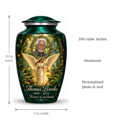 Green angel urn size guide showing adult height 10 inches, width 6 inches and capacity 200 cubic inches.