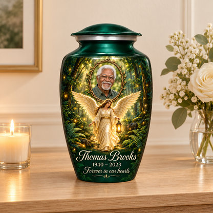 Green adult urn with a woodland angel holding a lantern and a twig framed sample portrait, arranged on a memorial console.