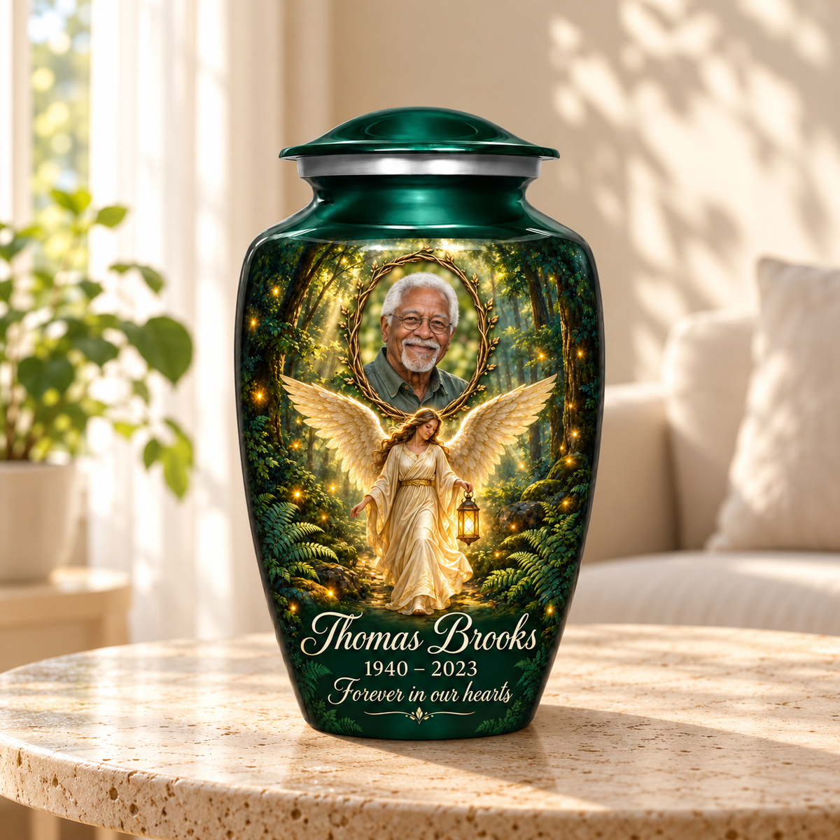Green adult urn with a woodland angel holding a lantern and a twig framed sample portrait, displayed in a sunlit home.
