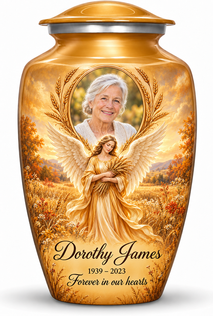 Yellow adult urn with a wheat bearing angel, autumn meadow and arched sample portrait frame, sample name, dates and tribute.