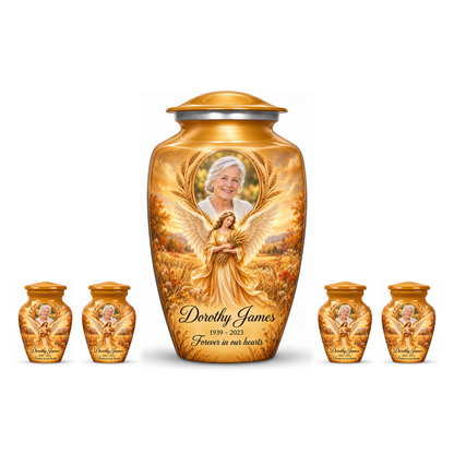 One yellow adult angel urn and four matching keepsake urns with sample portraits and inscriptions on white.