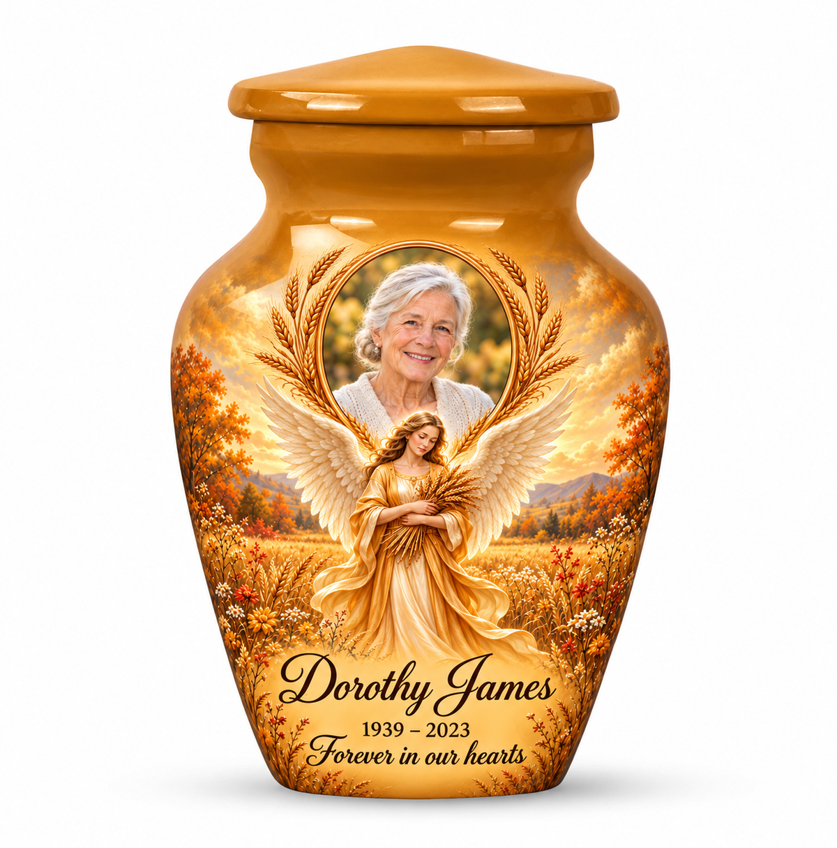 One yellow angel keepsake urn with a wheat bearing angel, autumn meadow and arched sample portrait frame and sample personalization.