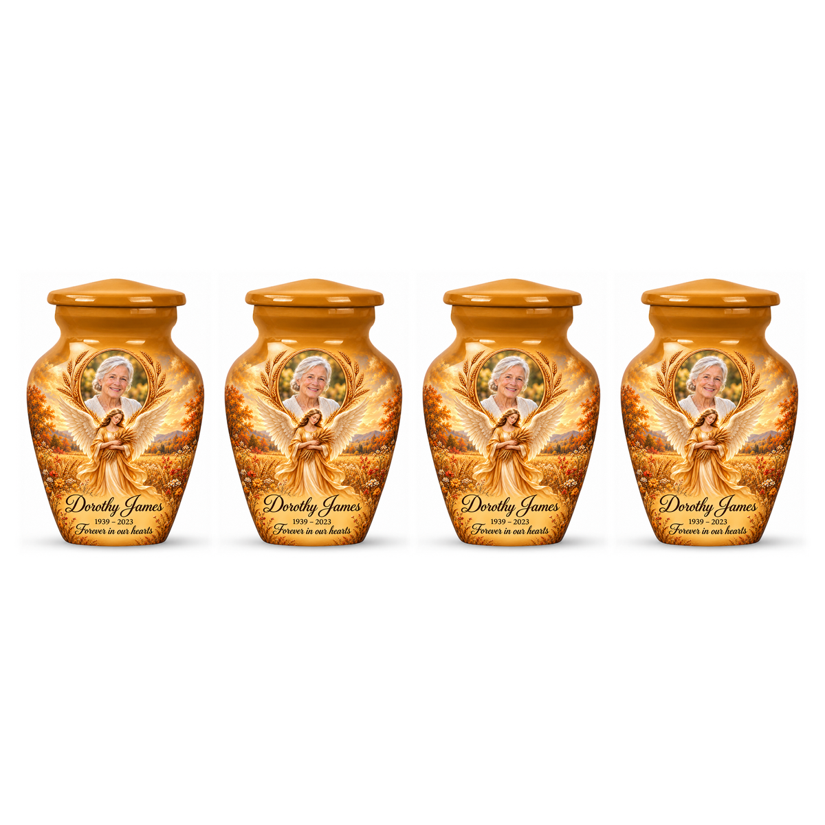 Four matching yellow angel keepsake urns with sample portraits and inscriptions on white.