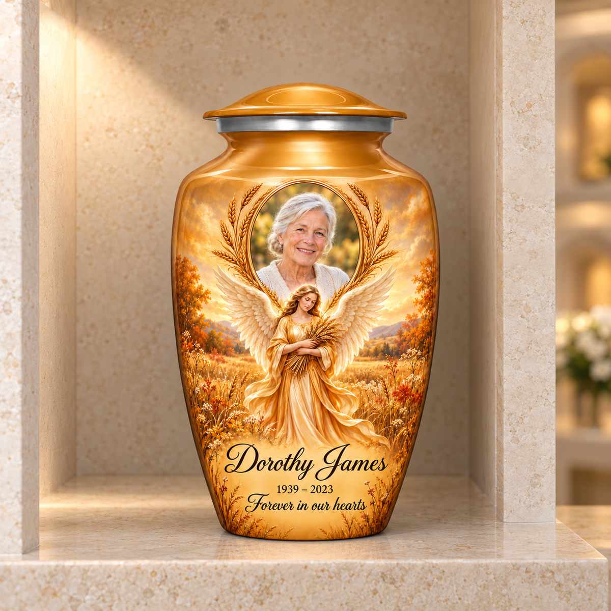 Yellow adult urn with a wheat bearing angel, autumn meadow and arched sample portrait frame, displayed in a columbarium niche.