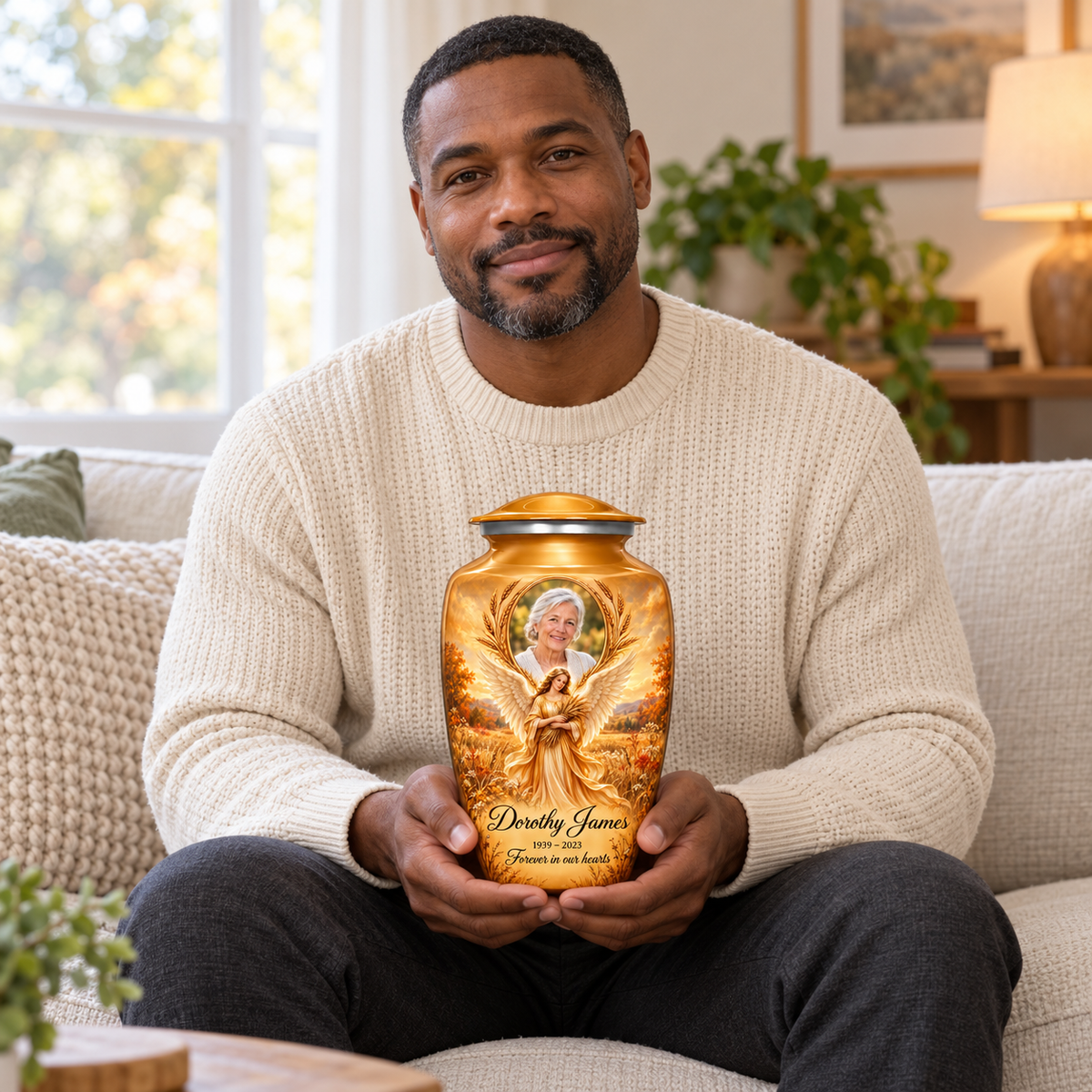 A seated person holding the yellow angel urn with a wheat bearing angel, autumn meadow and arched sample portrait frame on their lap.