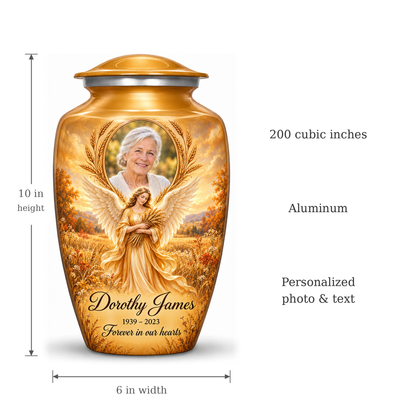 Yellow angel urn size guide: adult height 10 inches, width 6 inches and capacity 200 cubic inches.