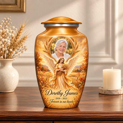 Yellow adult urn with a wheat bearing angel, autumn meadow and arched sample portrait frame, displayed on a memorial console.